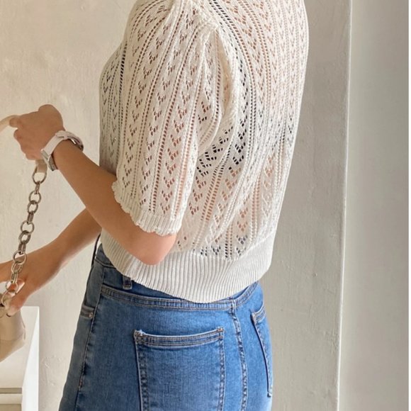 Scallop Trim Crop Pointelle Knit Top - Picture 3 of 4